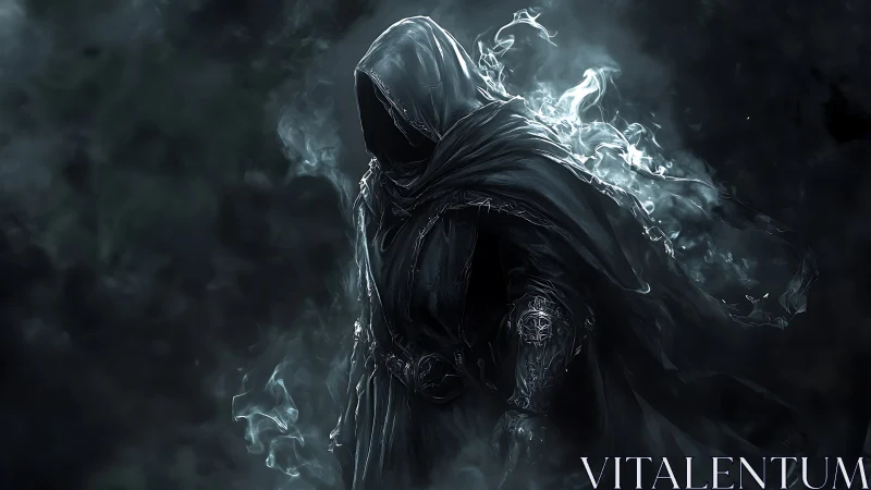 Digital painting of hooded wraith in swirling spectral smoke.