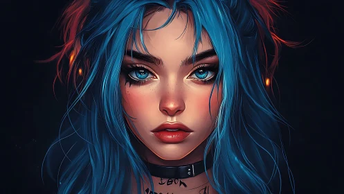 Digital portrait of blue haired woman with glowing accents.