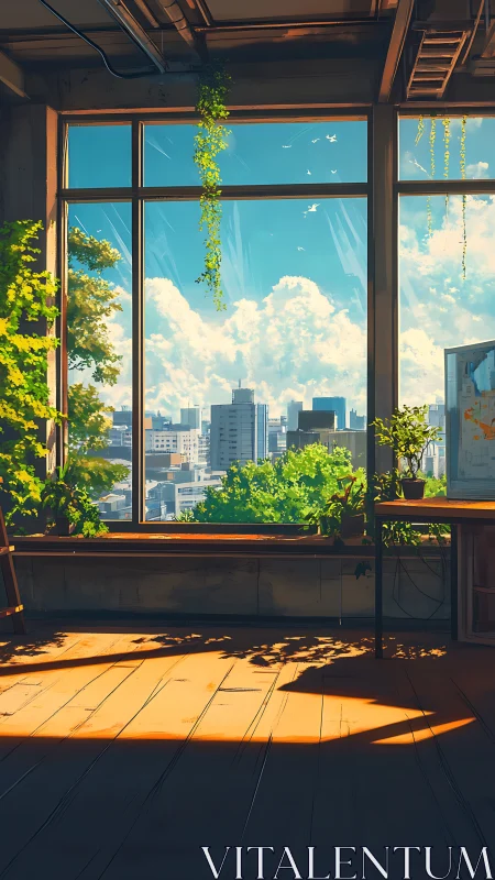 Sunlit studio loft dreaming above a gentle green cityscape.