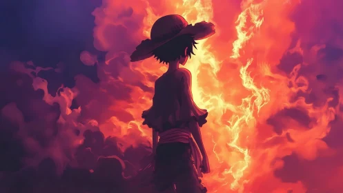 Straw-hatted wanderer ignites a crimson sea of twilight fire.