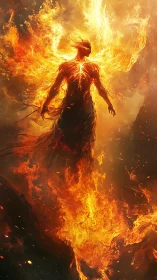 Fiery humanoid figure rising in swirling blazing flames.