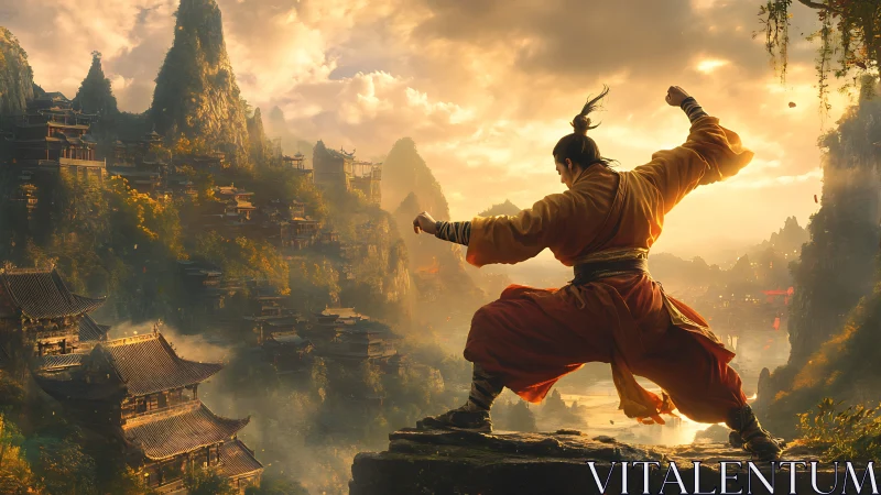Martial artist on cliff above dense mountain temple valley.