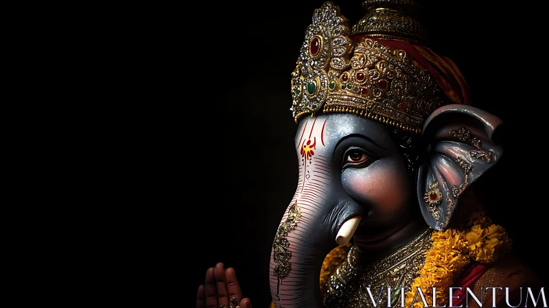 Gentle Ganesha idol glowing softly in warm golden light.