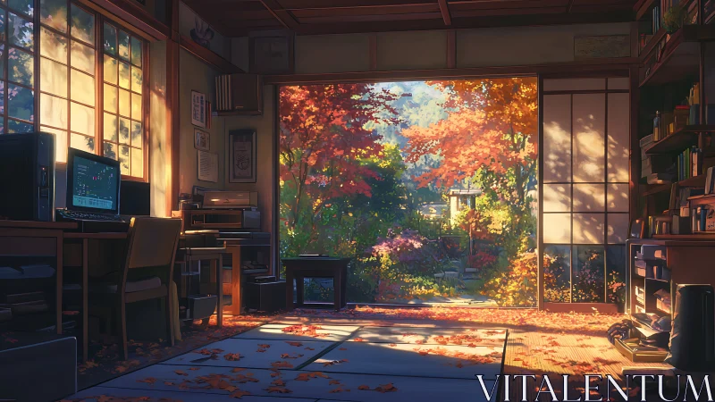 Autumn light floods a tatami study overlooking a maple garden