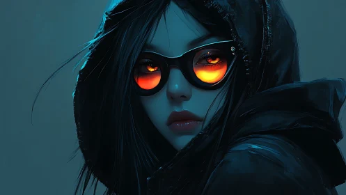 Hooded woman in dark coat with glowing orange glasses.