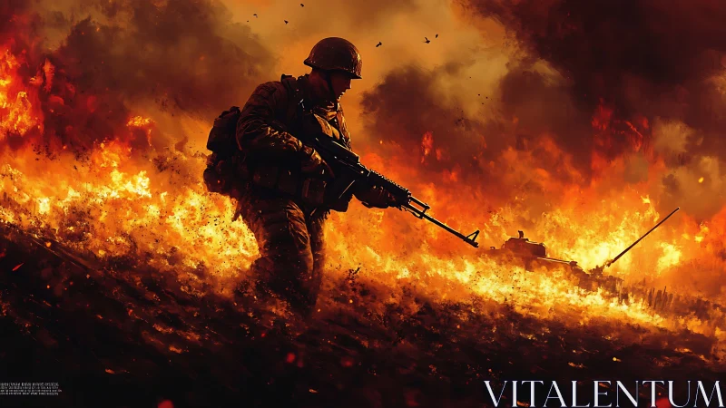 Soldier in Combat Zone with Explosive Fire.