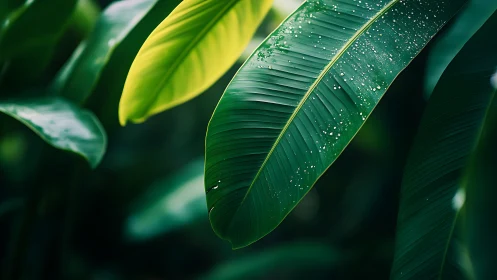 Sunlit banana leaves glow softly with fresh raindrops