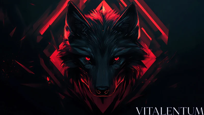 Luminous cyber-wolf portrait with geometric red shards.
