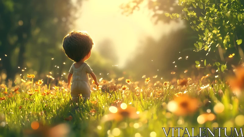 Sunlit toddler exploring wildflower meadow in soft bloom.