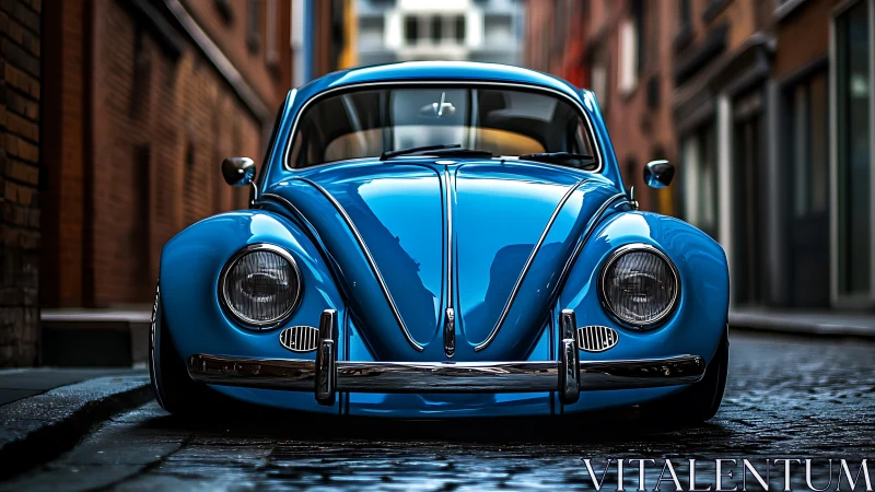 Classic blue vintage Beetle gleams in narrow city alley.