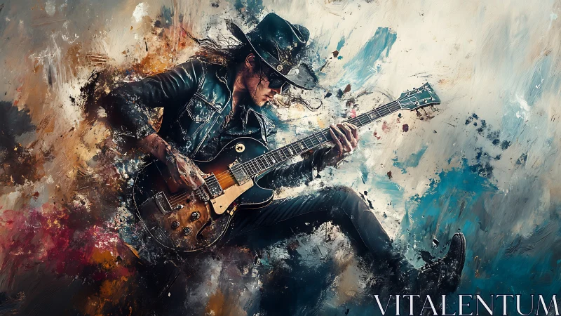 Electric guitarist leaps through swirling colors and sound