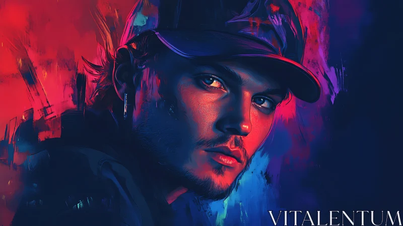 Neon-lit male portrait in cinematic dual-tone color grading.