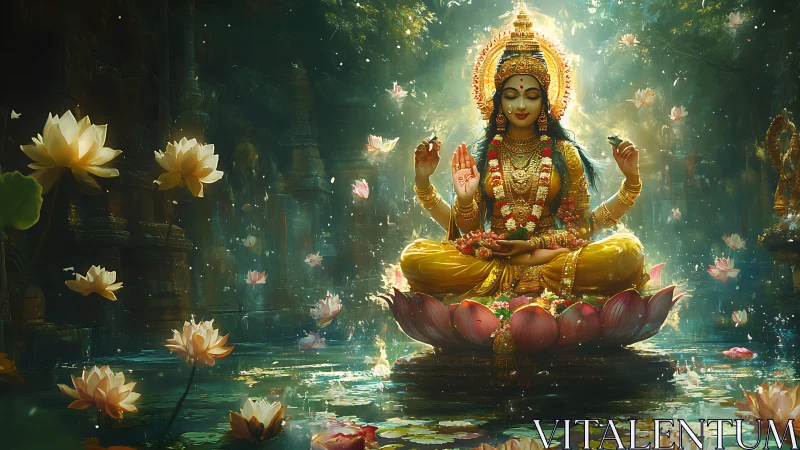 Goddess in golden serenity meditates upon a lotus throne.