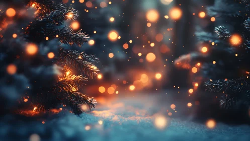 Snowlit fir branches cradle drifting golden holiday lights.
