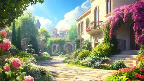 Mediterranean villa courtyard with dense flowering gardens.