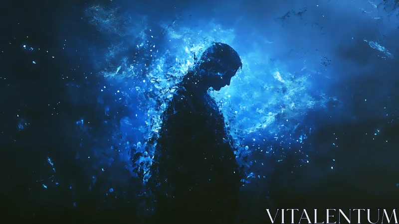 Silhouetted human profile dissolving in luminous blue nebula.