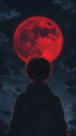 Red moon looms above hooded anime silhouette at night.