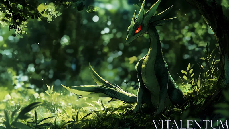 Forest sentinel dragon basking in leaf-dappled emerald light.