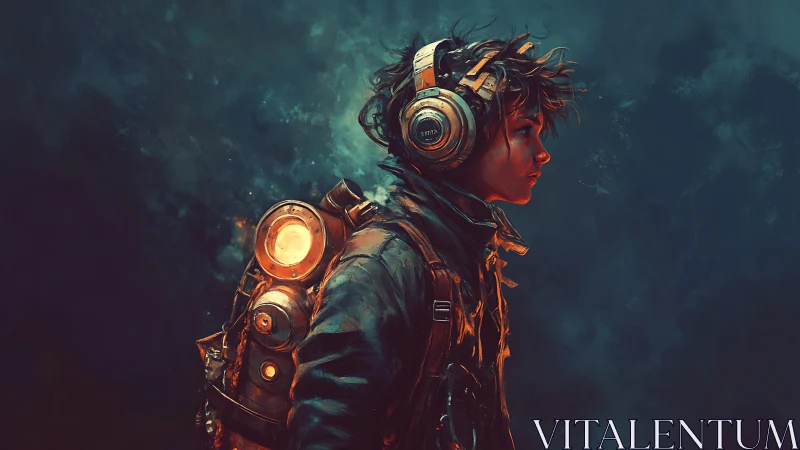 Profile of youth with headset and illuminated backpack gear.