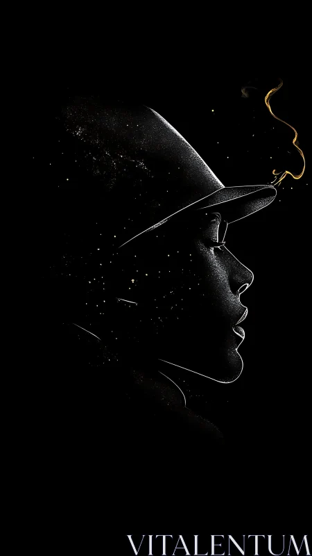 Profile silhouette of helmeted figure rendered in luminous dust