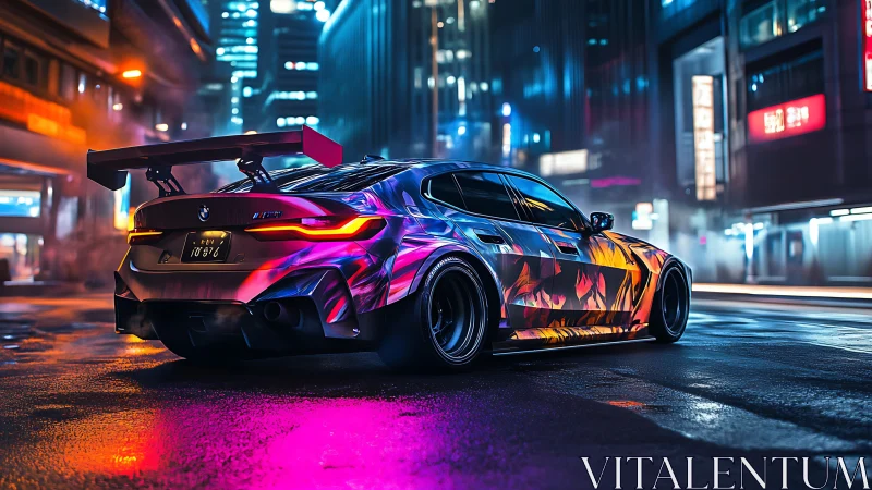 Neon-wrapped sports car glowing under vibrant city lights.