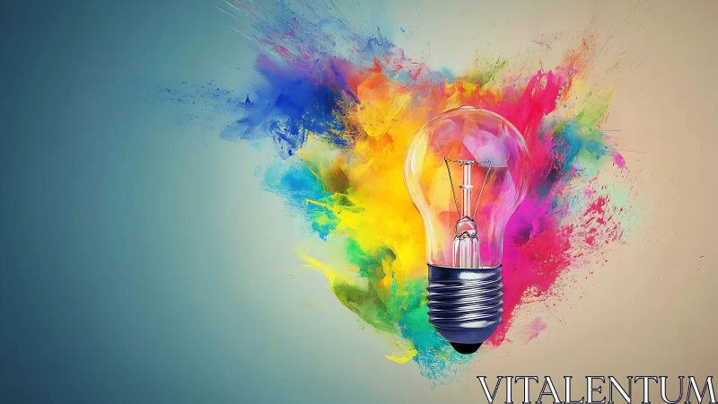 Transparent light bulb with vivid multicolor paint explosion backdrop