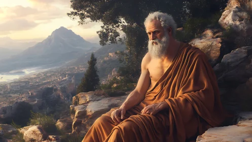 Philosopher in sunset robes contemplates an ancient valley