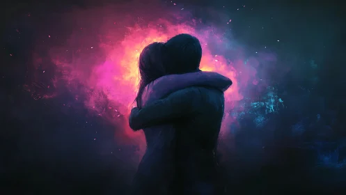 Silhouetted Embrace Against Neon Cosmic Glow.