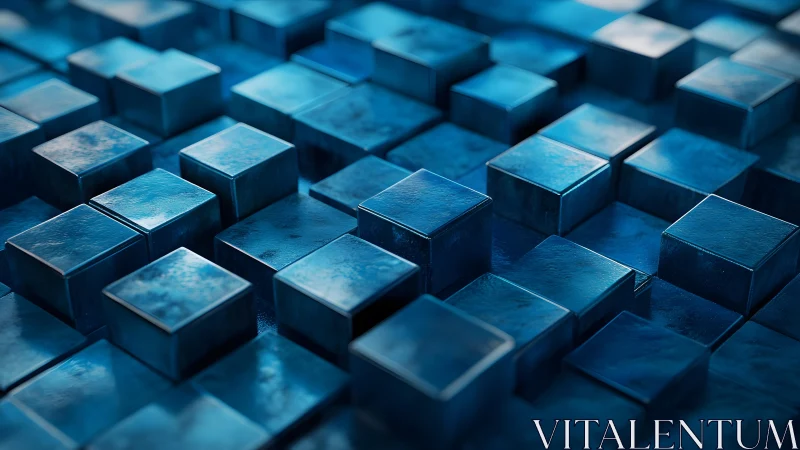 Chromatic blue metal cubes rising in rhythmic digital waves.