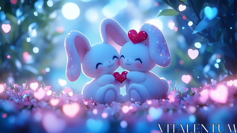 Starlit bunny sweethearts trading hearts in pastel glow.