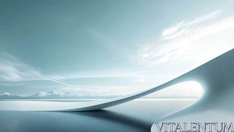 3D Rendered Architectural Sculptural Form: Curved Aerodynamic Structure Against Alpine Landscape