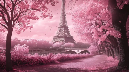 Monochromatic infrared-style Paris landscape with blooming cherry trees framing Eiffel Tower