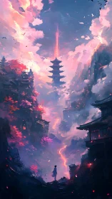 Vertical pagoda amid cliffs, clouds and distant figure present.