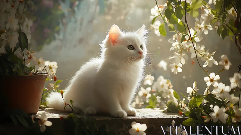 White Kitten Among Flowering Plants in Golden Sunlight.