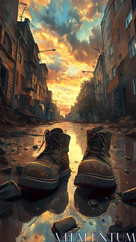 Abandoned boots rest in a flooded, war-torn city street.