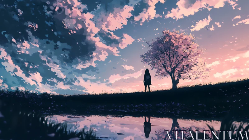 Silhouetted girl watches cherry tree under expansive dusk sky