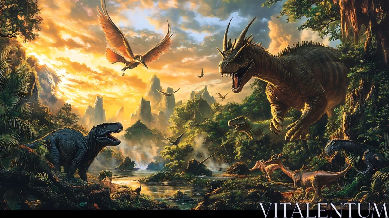 Predatory dinosaurs clash in sunlit primeval jungle valley