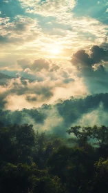 Sunrise mist drifting softly over lush green forest hills.