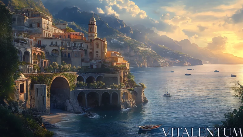 Sunlit coastal town with cliffs, arches, and calm boats.