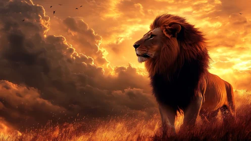 Majestic lion stands against blazing sunset clouds in savanna