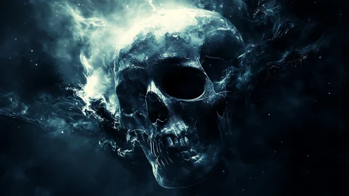 Glowing spectral skull emerges from swirling cosmic smoke