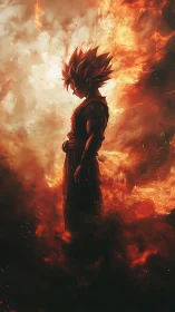 Fiery anime warrior silhouette stands within blazing storm.