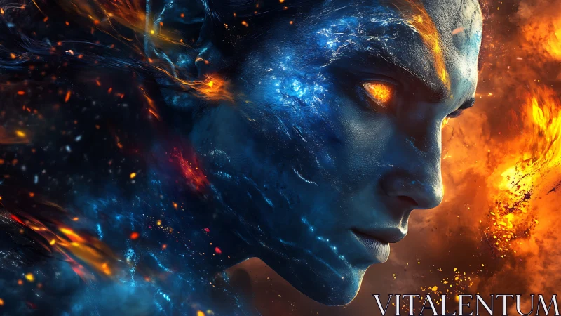 Elemental humanoid portrait with fire and blue nebula textures.