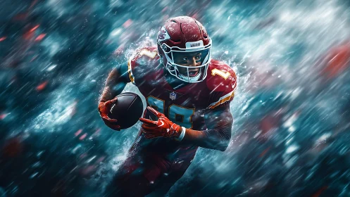 Explosive football runner charges through dynamic storm effects.