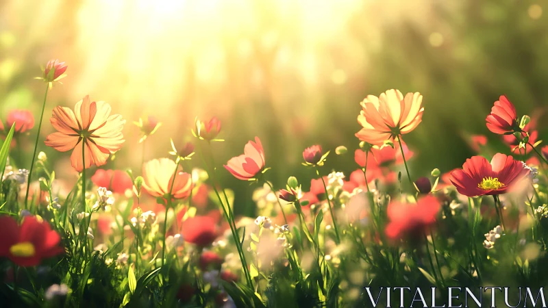 Sunlit field shows red and pink flowers in shallow focus