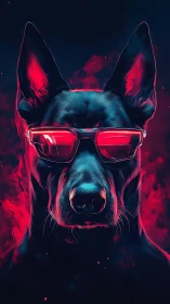 Cybernetic canine portrait in neon magenta and cyan glow.