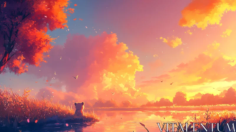 Golden sunset welcomes a quiet teddy by the riverside