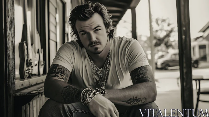 Brooding tattooed man on porch in sepia-toned portrait.