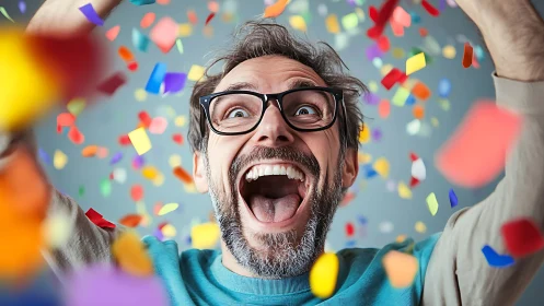 Explosive celebration portrait with ecstatic confetti burst.