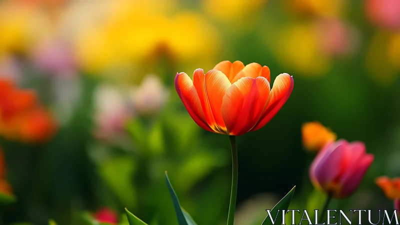 Tulip flower displays orange-red petals with detailed vein structure.